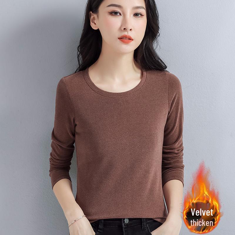 Women's Black Slim Fit Long Sleeve Thermal Top - Plush, Thickened for Warmth, Autumn/Winter 2025.