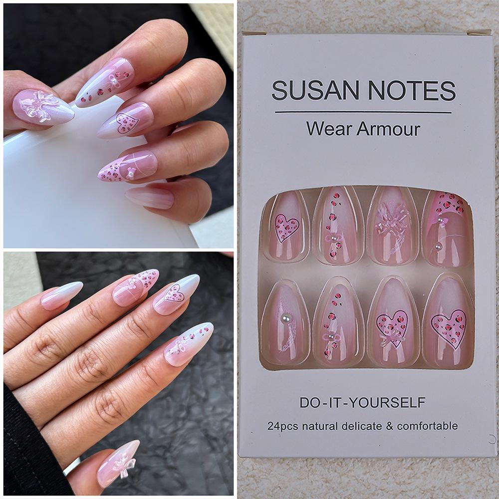 24-Piece 3D Bow Heart French Manicure: Sweet Girly Pearl Almond Nails in European-American Wearable Style