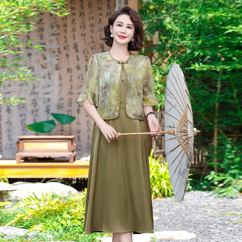 Elegant Summer Chiffon Blouse & Skirt Set for Middle-Aged Women XXXL 122-133 jin