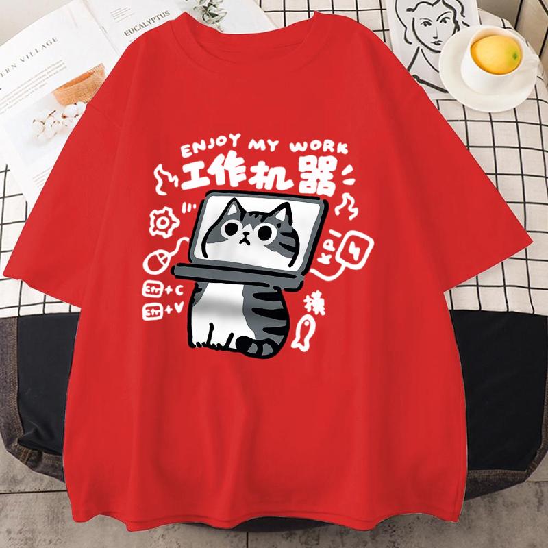 Fun Tool Cat Print Japanese Style T-Shirts Men Women Breathable Clothing Summer Cotton Tshirt Hip Hop Loose Oversized T-Shirt