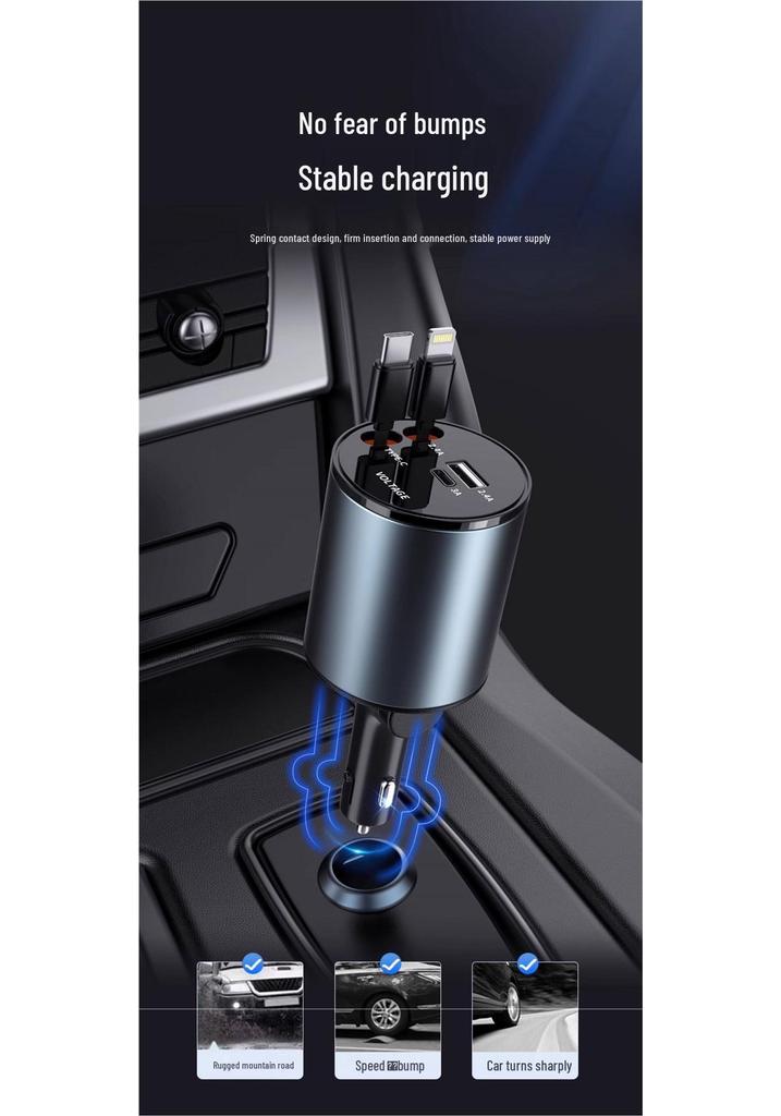 3-in-1 Super Fast Car Charger Cable for Apple 15 & Huawei with One-to-Three Cigarette Lighter Converter