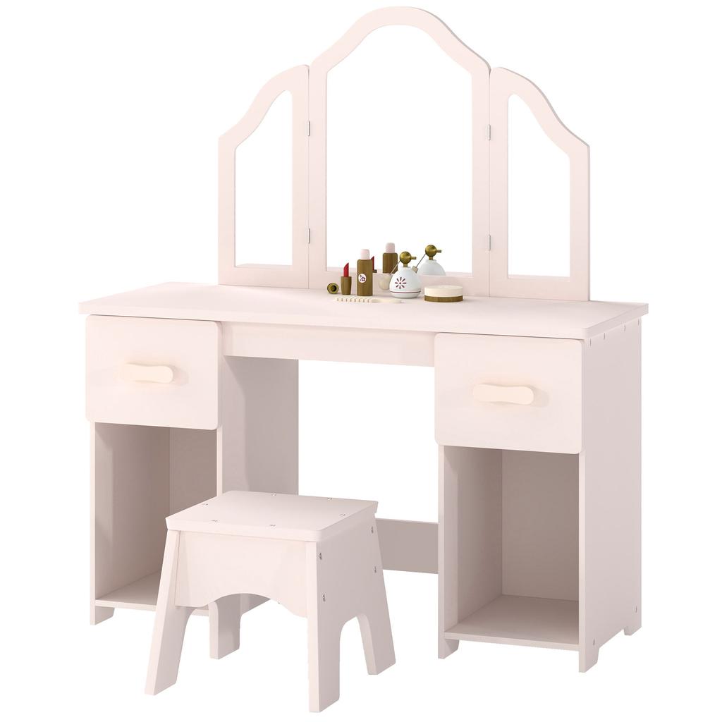 Kids Dressing Table, Kids Vanity Table and Chair Set with Tri-Folding Mirror, 2 Drawers, 2 Cabinets for Girls 3+, Pink