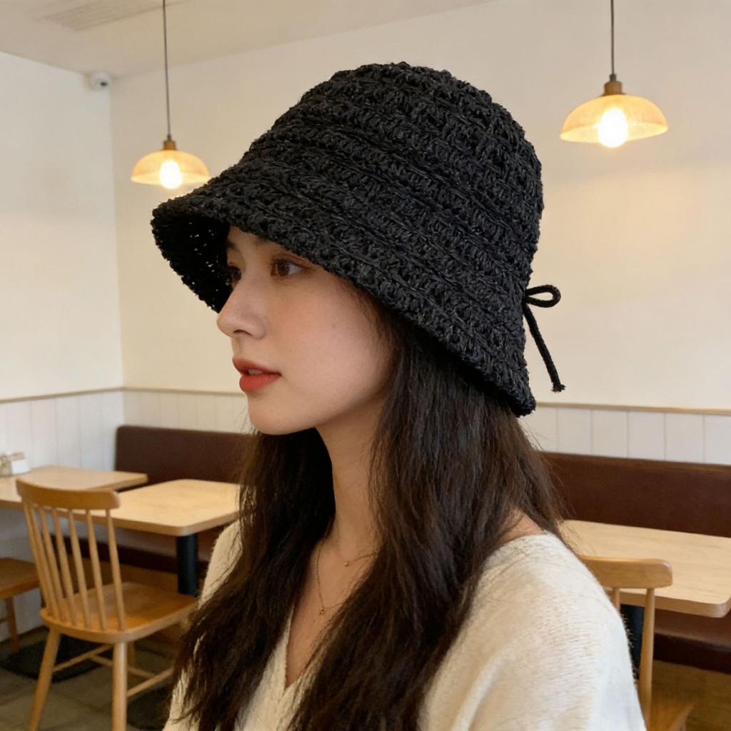 New bucket hat women's summer sunshade sunscreen straw woven basin hat versatile face small wide brim woven hat