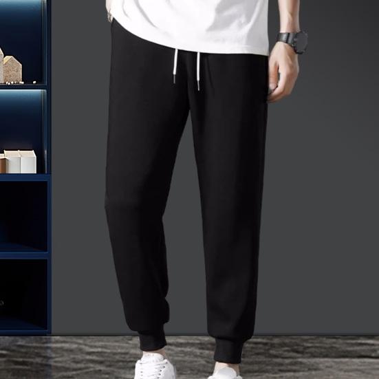 Men Fall Winter Pants Mid Elastic Waist Loose Ankle-banded Thick Plush Solid Color Pockets Warm Casual Ankle Length Sweatpants Long Sports Trousers