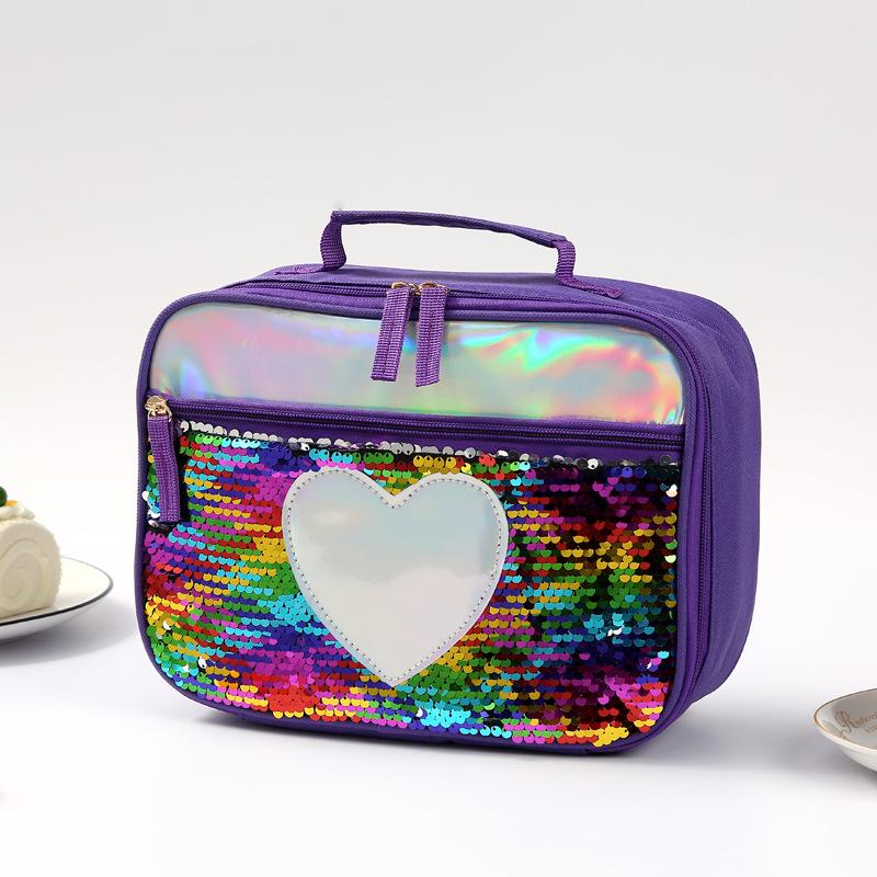 High Quality Fashion Waterproof Reverse Sequin Insulated Kids Girls Boy Lunch Box Glitter Tote Bag Cooler Picnic Pouch for Food