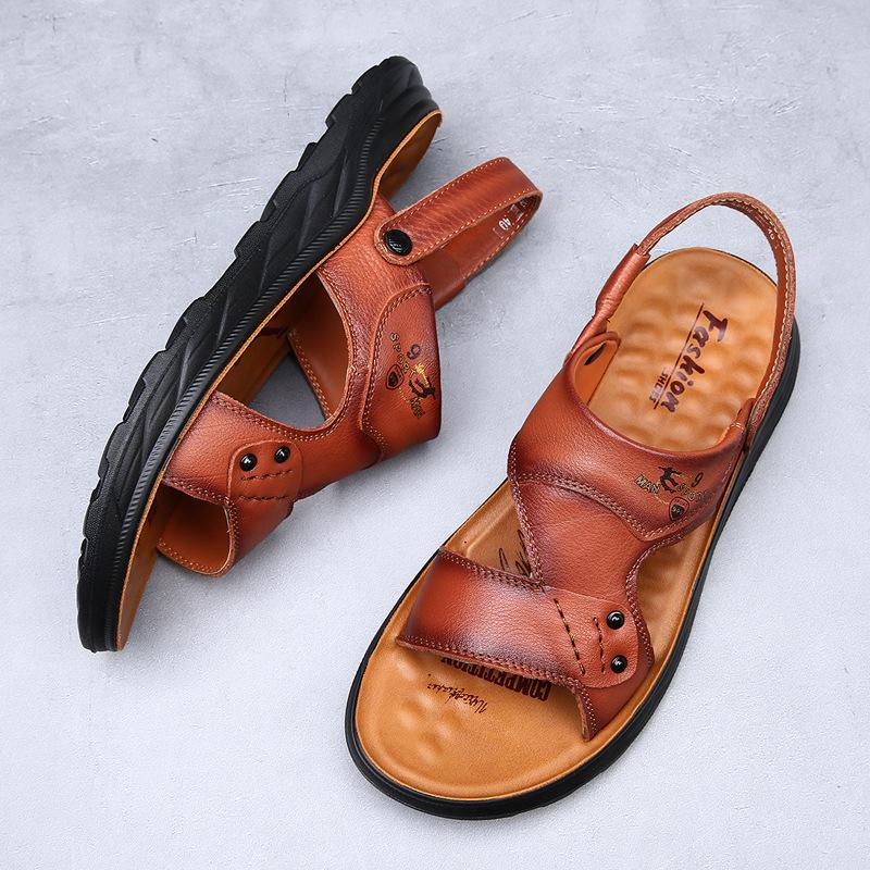 Men's cool leather shoes summer 2025 new breathable leather soft-soled non-slip beach shoes casual wear cool slippers