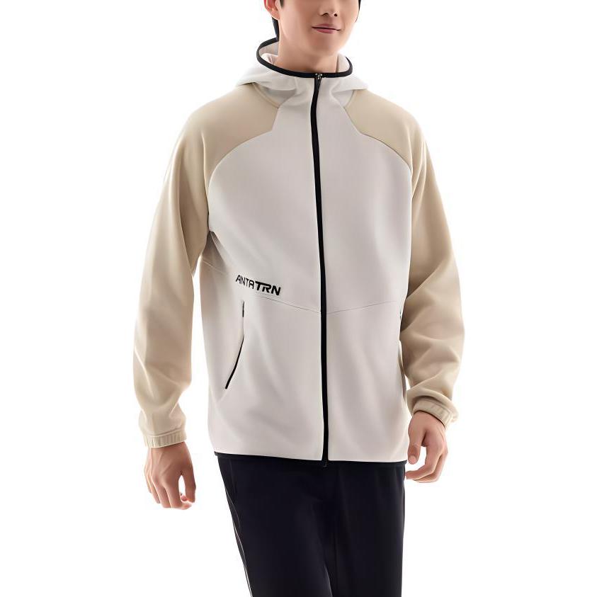 Anta Training Series Letter Loose Hooded Zipper Casual Long Sleeve Jacket Men Jackets Mushroom-Gray Plain-Khaki 952447701-1