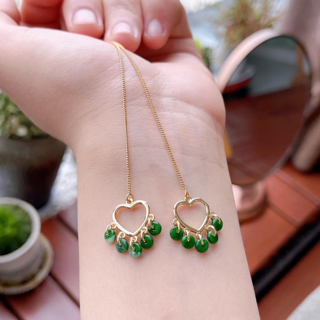 14K Gold Plated Jade Green Heart Earrings with A-Grade Ping An Kou Drop Heart Drop Earrings изумрудный