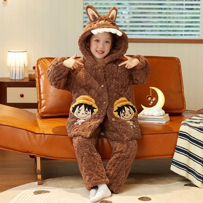 Girls Winter Warm Coral Fleece Pajama Set 3-Layer Quilted Sleepwear Cartoon Animal Print Kid Home Outfit