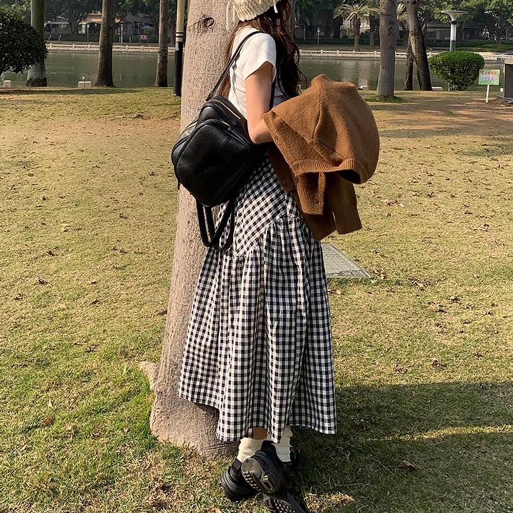 Women Midi Skirt Plaid Print Stitching Design A-Line Skirt Elastic High Waist Retro Style Swing Skirt Daily Wear