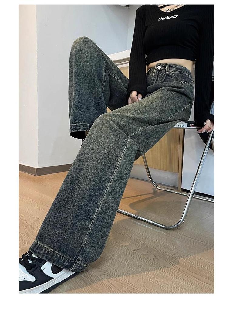 Pleated Wide-Leg High-Waist Gray Jeans for Women - Retro & Nostalgic Autumn Wear