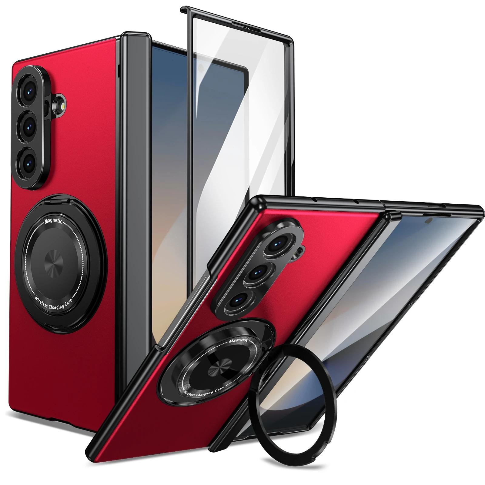 

360° Магнитный держатель из сплава Чехол-книжка для телефона для Samsung Galaxy Z Fold 7 6 5 4 3 Magsafe Беспроводная зарядка Ударопрочная крышка для камеры Galaxy Z Fold5 красный