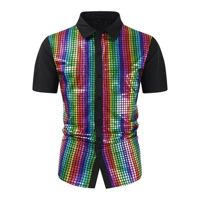 2025 Men'S Formal Dress Shirt Sequin Button Up Shirt Cosplay Costume Lapel Shiny T-Shirt Shirt