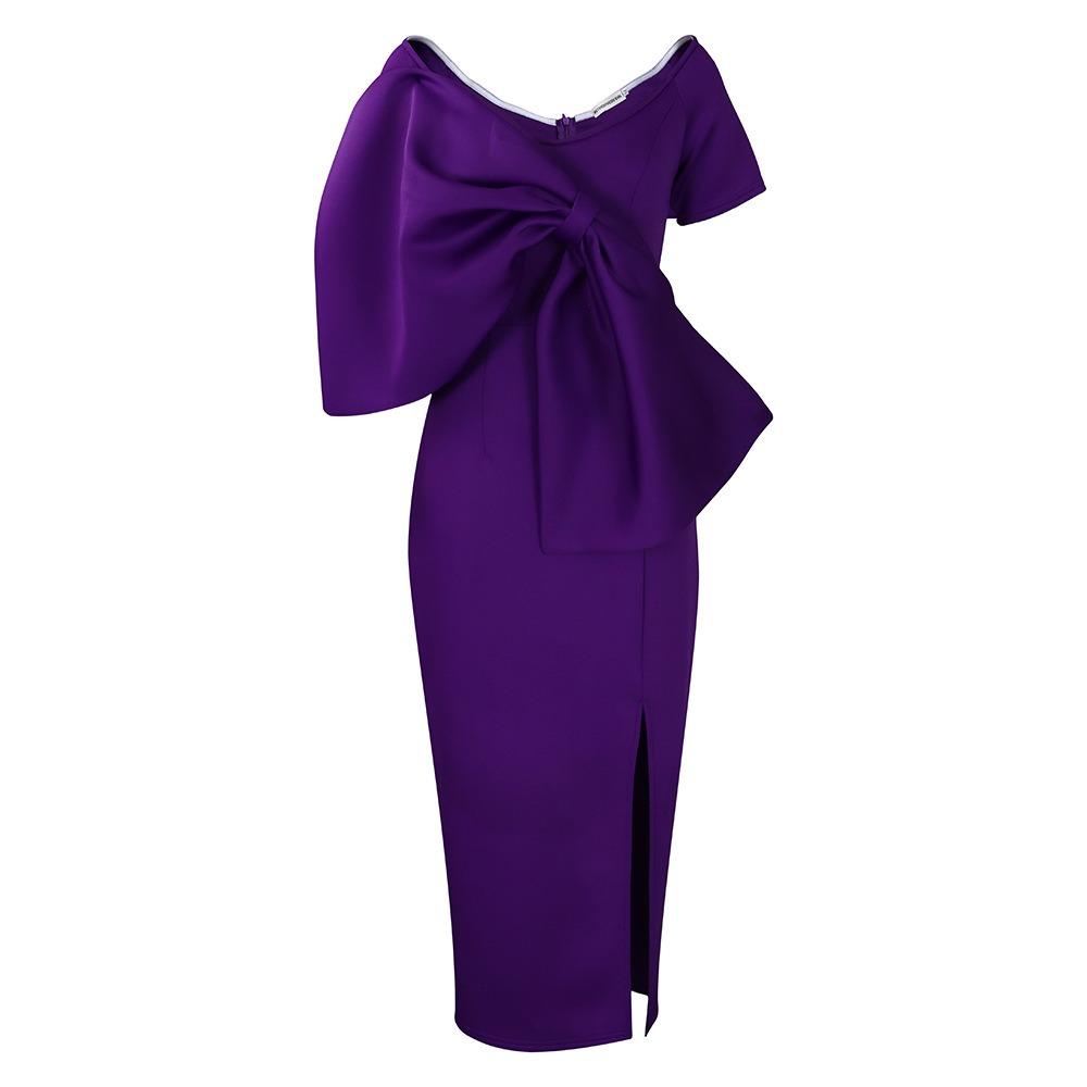 Women's V Neck Short Sleeve Maxi Dress Slim Fit High Waist Elegant Solid Color Big Bow Side Slit Bodycon Dress Party Formal Dress
