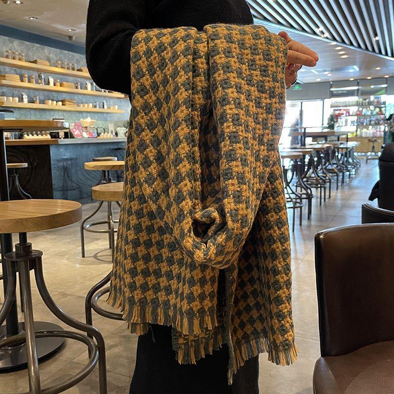 Winter Scarf for Women New Korean Style Double Sided Imitation Cashmere Knitted Rhombus Plaid Versatile Warm Student Scarf Shawl