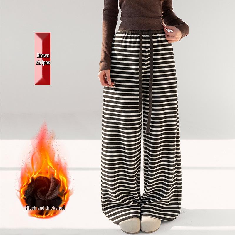 2025 Winter High-Waisted Coffee Striped Plush Pants for Petite Women: Loose, Wide-Leg, Straight-Leg Style.