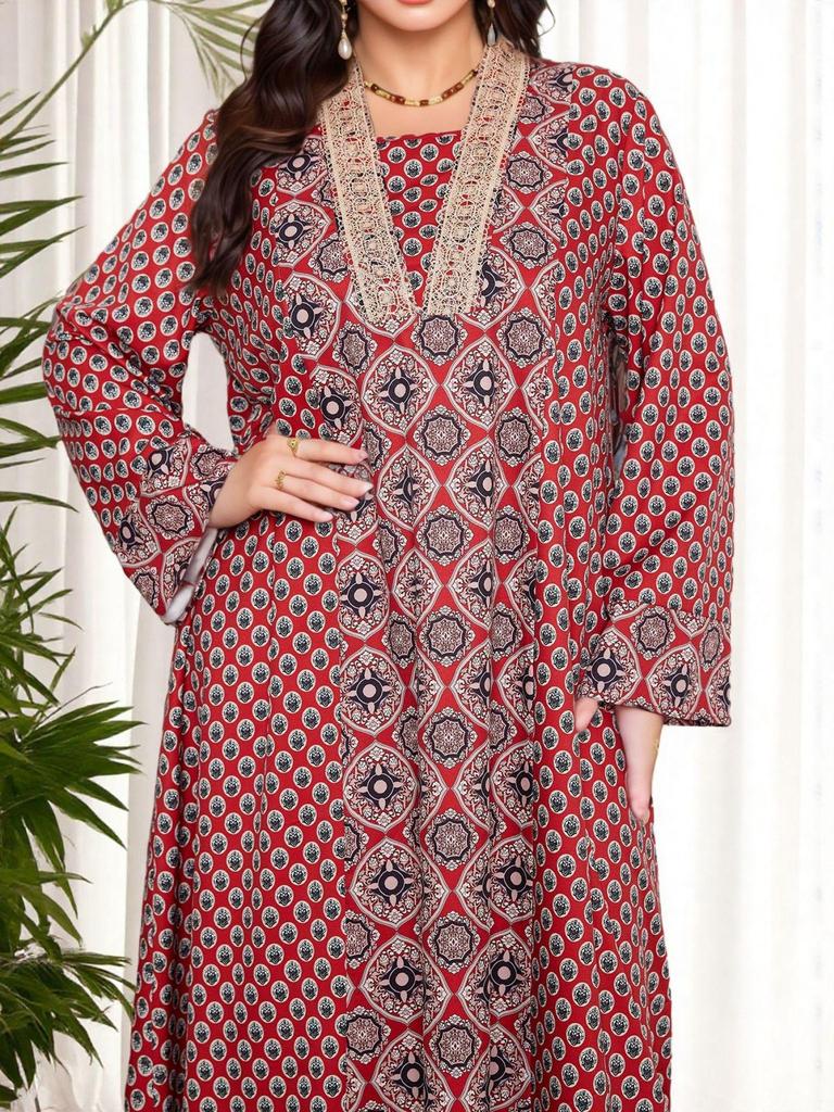 Middle Eastern Plus Size Red Floral V-Neck Long Dress with Retro Geometric Patterns and Elegant Ethnic Style