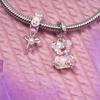 WOSTU 925 Silver Princess Pink Bear Bead Ballet Girl Charm Shoe Bow Pendant Saftey Chain Fit Bracelet Neckalce DIY Gift