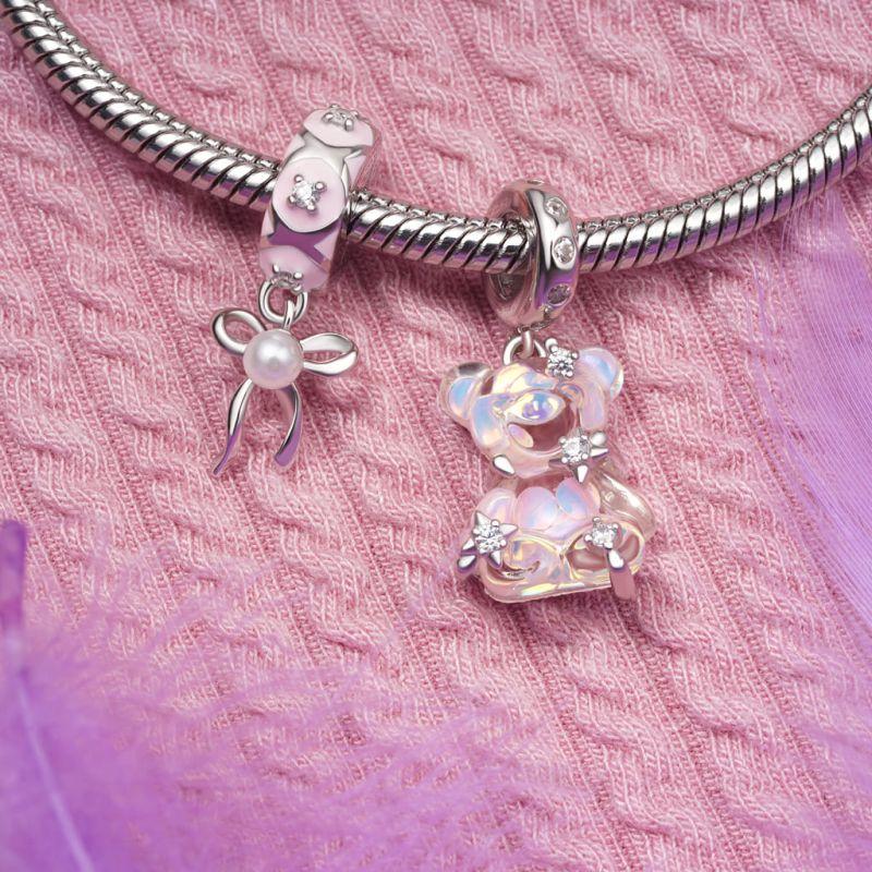 WOSTU 925 Silver Princess Pink Bear Bead Ballet Girl Charm Shoe Bow Pendant Saftey Chain Fit Bracelet Neckalce DIY Gift