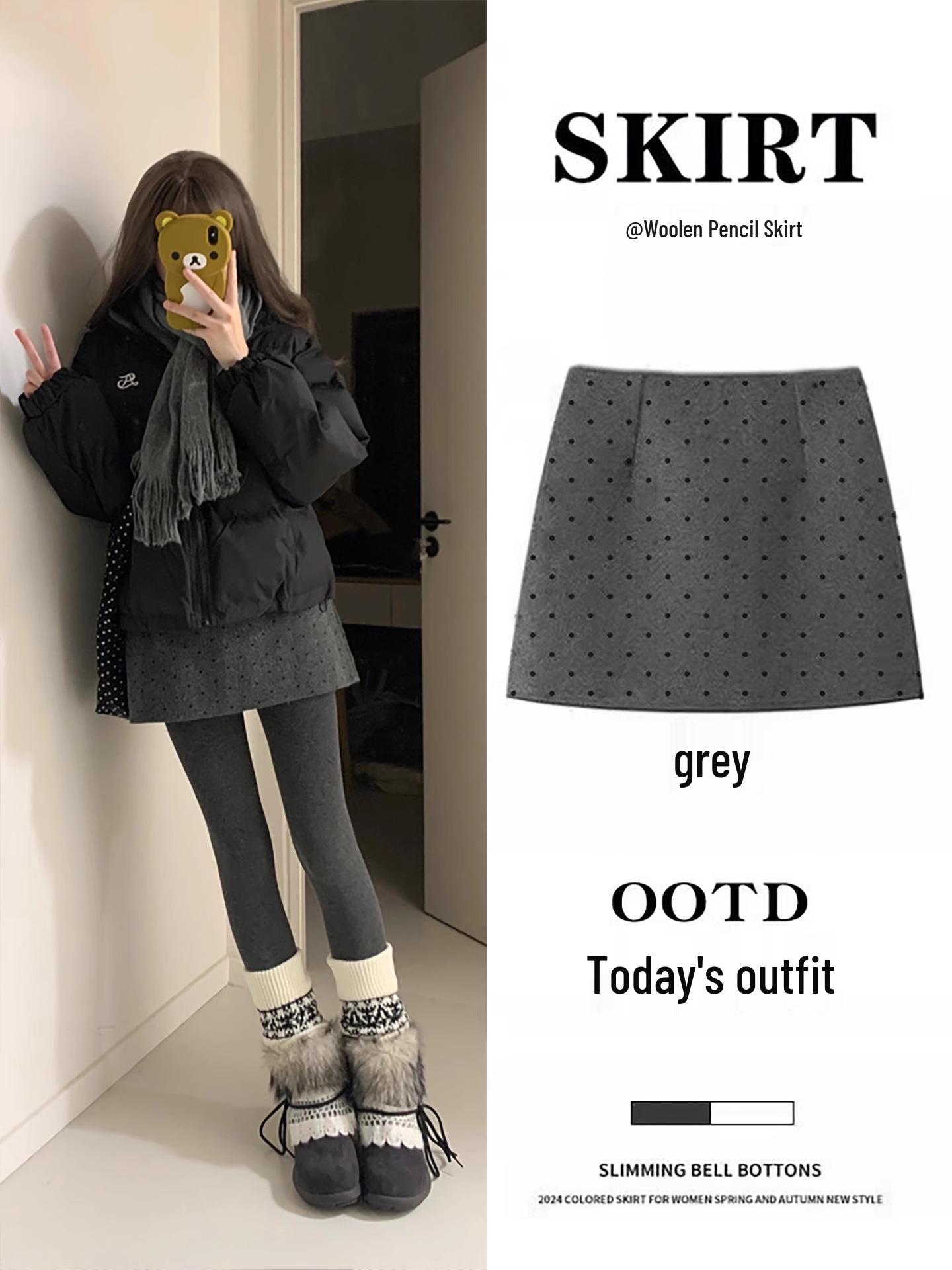 Gray Wool Polka Dot Bodycon A-line Skirt Women’s Petite Autumn/Winter 2025 Korean Style S (80-90 lbs)