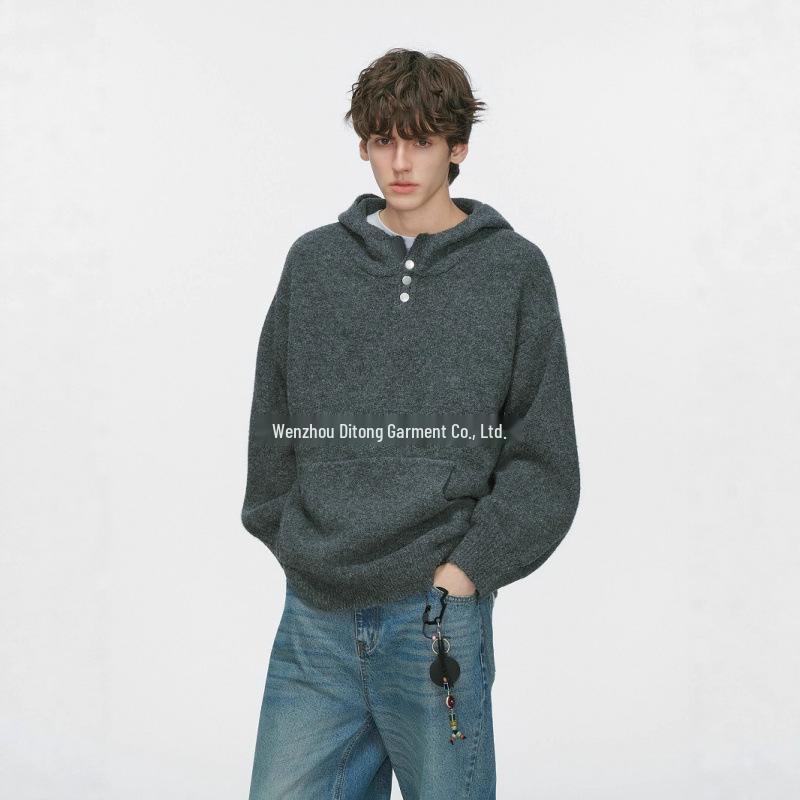 Unisex Korean Retro Hooded Button-Up Sweater - Autumn/Winter Warm Loose Knitwear Medium