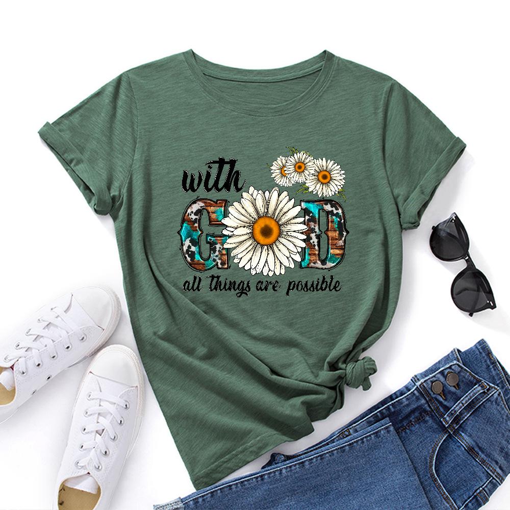 Cotton T-Shirt Short Sleeve Round Neck Women 2d Print Tops