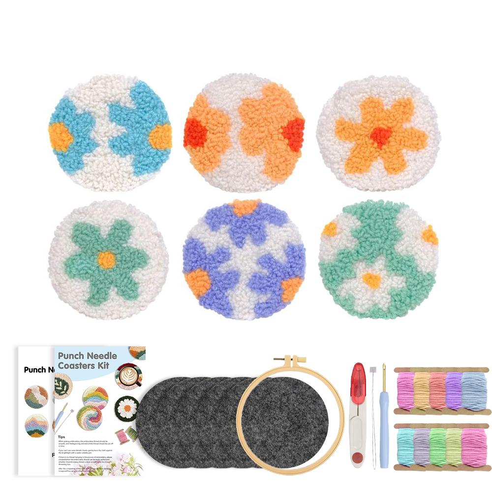 CHENISTORY 6 Pcs Flower Punch Needle Coaster Kit for Beginners Adults Easy Art Coasters Tea Coffee Cup Mat Set for Home Decor