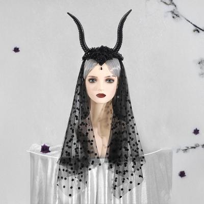 Halloween Gothic Black Antelope Horns Headband Dark Devil Sheep Horns Witch Costume Accessory with Mesh for Halloween Cosplay
