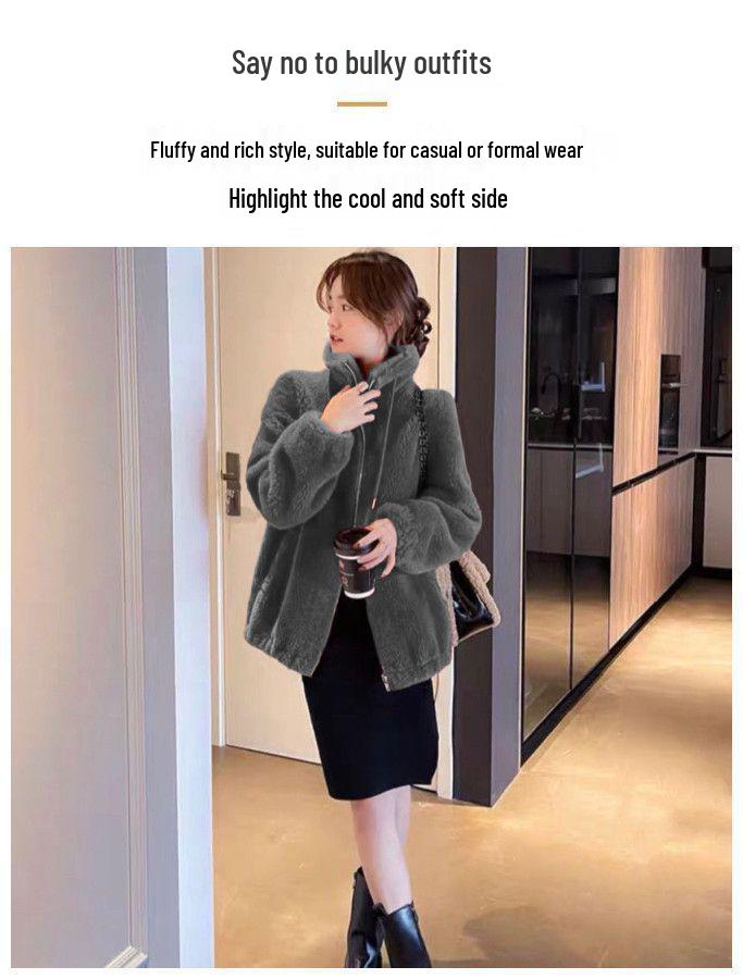 Short Women's Trendy Winter Double-Sided Fleece Stand Collar Hoodie Cardigan Zipper Jacket