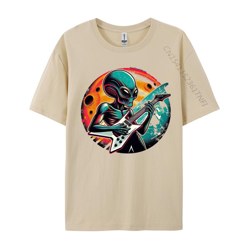 Retro Alien Guitar Rockstar Tshirt Funny T Shirt For Men Premium Cotton Autumn Tshirts Street Tops Shirt