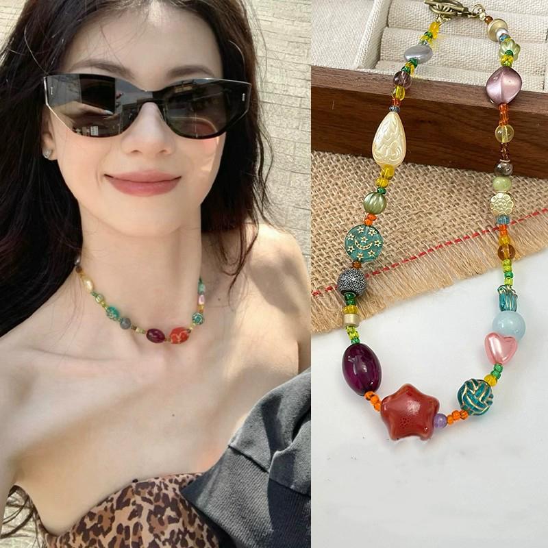 Hawaiian Style Colorful Plant Flower Czech Bead Pendant Acrylic Summer Collarbone Chain Women's Party Gift