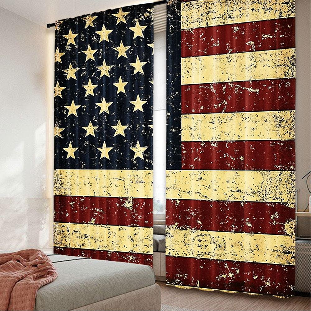 

2Pcs American Usa Flag Curtain Vintage Suitable For Living Room Bedroom Kitchen And Bathroom 100*130 Grommet Top 1pcs