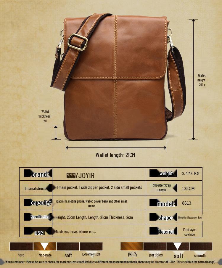 Men's Vintage Genuine Leather Vertical Crossbody Bag - Large Capacity, Vegetable Tanned Shoulder Bag