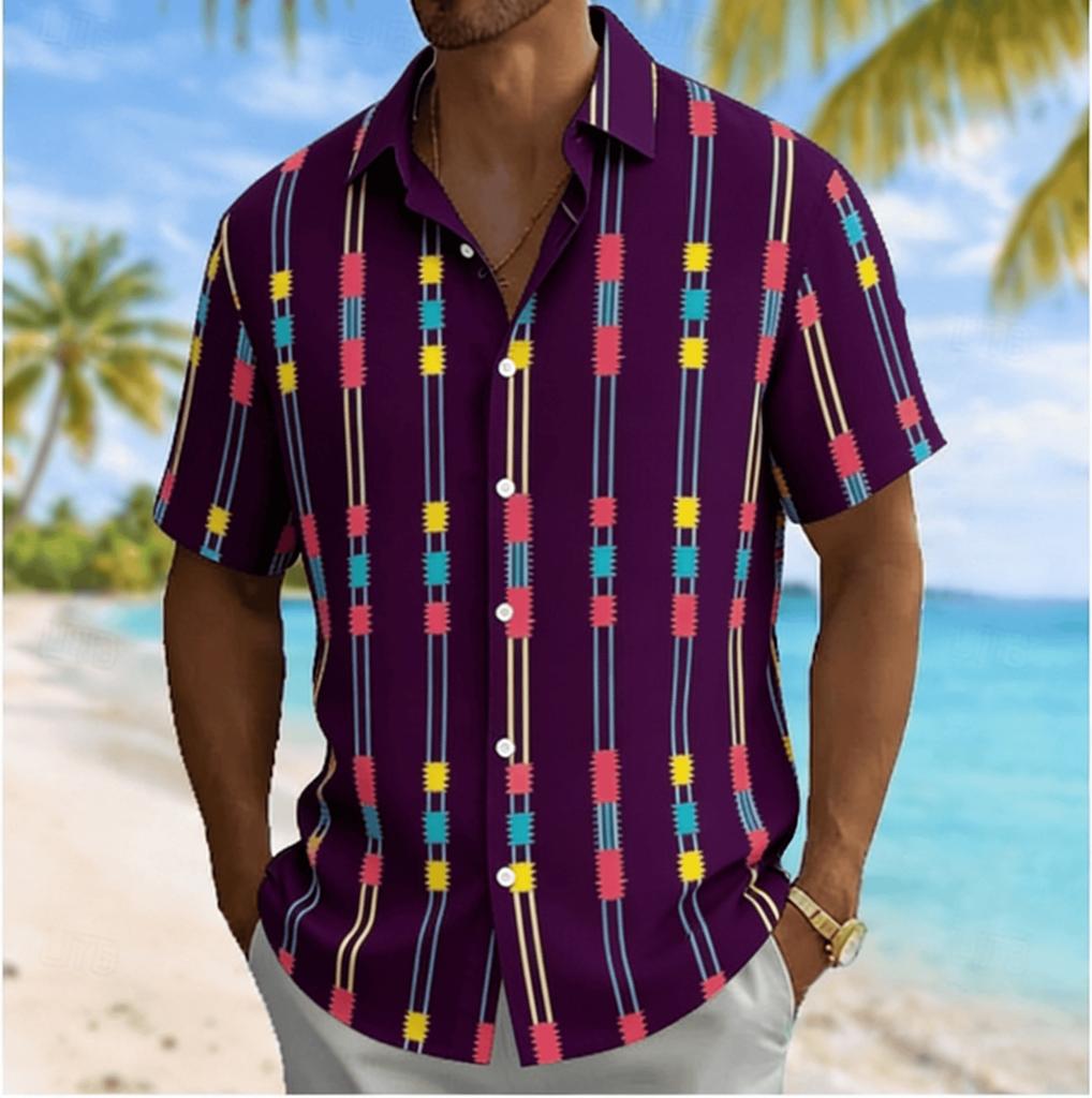 Men's Color Block Geometric Vertical Stripe Print Short Sleeve Shirt, Summer Casual Turn-Down Collar Blouse, Loose Fit Top