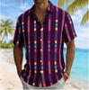 Men's Color Block Geometric Vertical Stripe Print Short Sleeve Shirt, Summer Casual Turn-Down Collar Blouse, Loose Fit Top