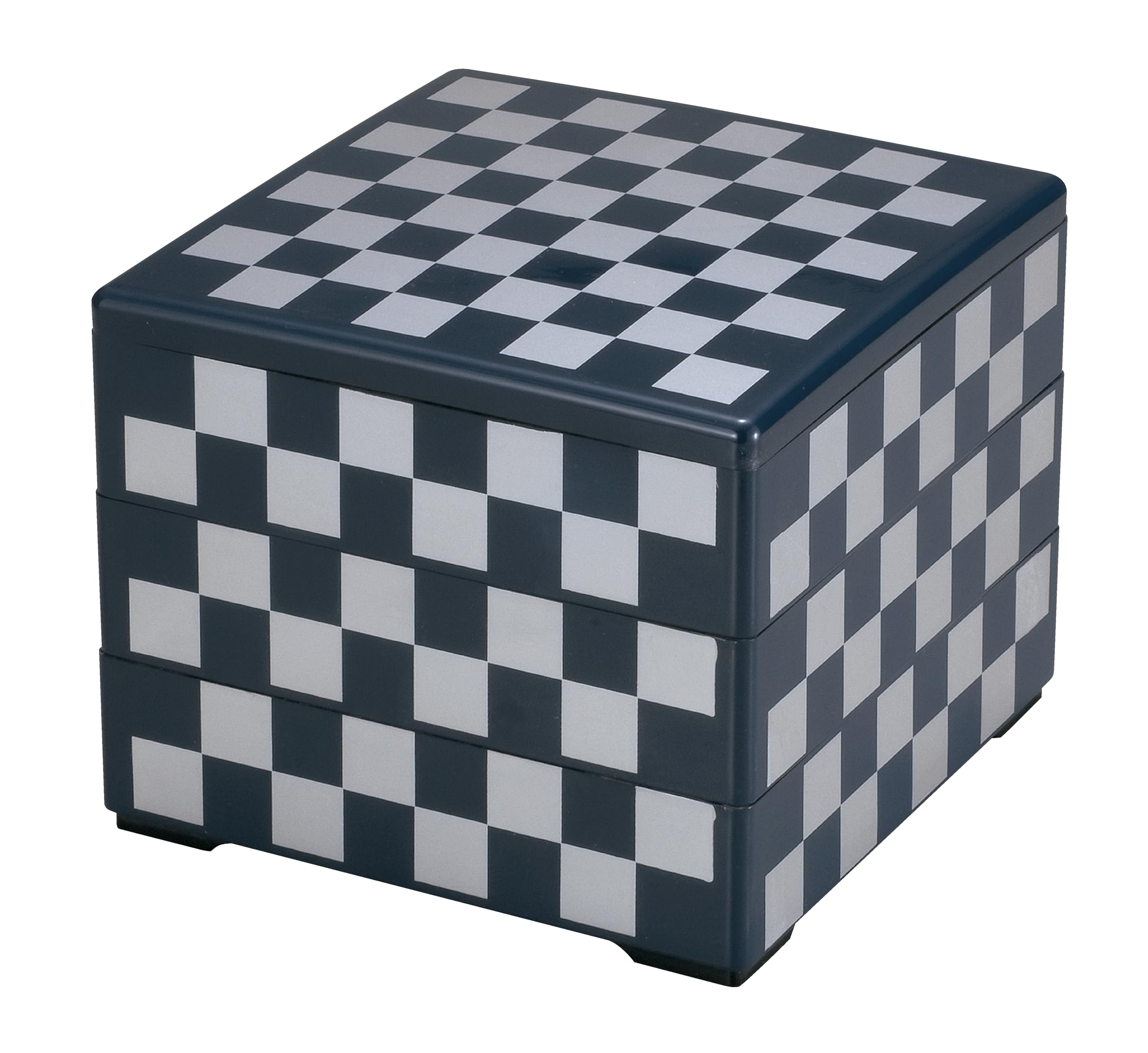 Wakaizumi Lacquerware Bento Indigo and Silver Checkered Pattern 3 Box, 6.5-inch, (Black Interior), Tiers, H-154-12A