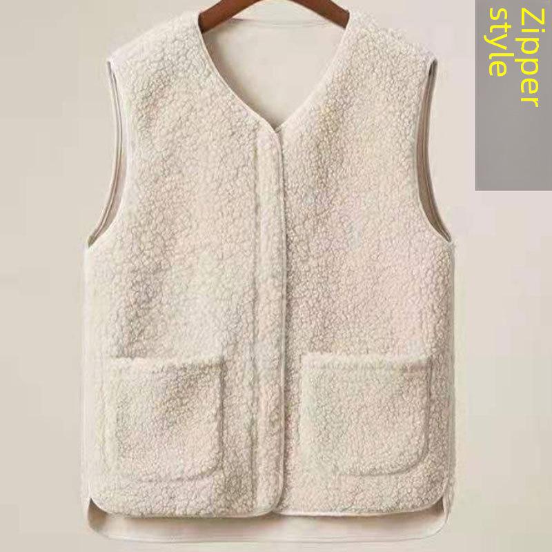 Chaleco de lana de cordero con cremallera para mujer, otoño/invierno, con pelo grueso
