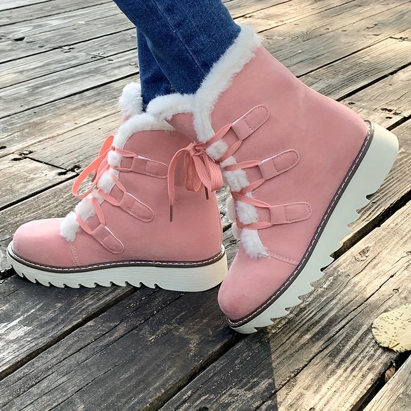Women's Plush Lined Snow Boots, Solid Color Lace Up Outdoor Anti-Slip Boots, Winter Thermal Outdoor Mid Calf Boots