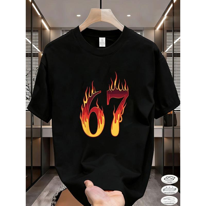 

Men s T-Shirt - Crewneck Short Sleeve with 67 Flame Print, Soft , Loose Fit, for Daily Wear, Streetwear Outfits, Machine Washable 4XL чорний
