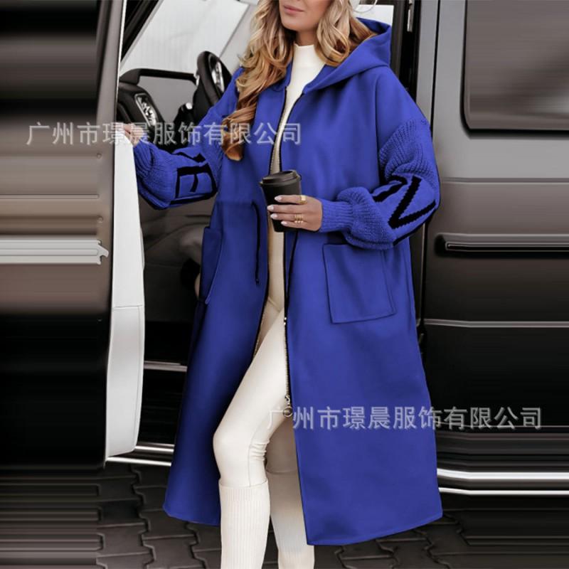 Damen Langer Kapuzen-Freizeitmantel mit Patchwork-Design Herbst Winter Lockerer Schnitt Wollmischung Oberbekleidung
