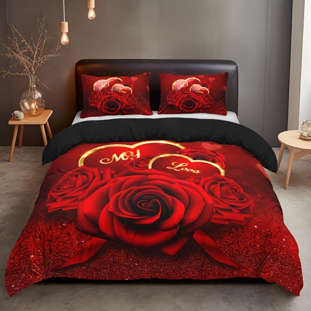 Red Beding Set Romantic Rose Printed Cozy Soft Duvet Cover King Quen Twin Sized Dimensions Birthday Gift Weding Gift for Couple Bedrom Decor