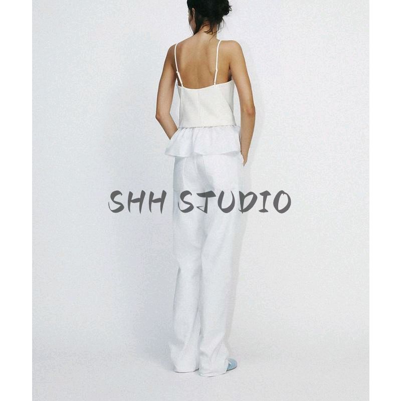 Spring New Women's Clothing Patchwork Design White Vest Poplin Camisole Straight Collar Top 2140777