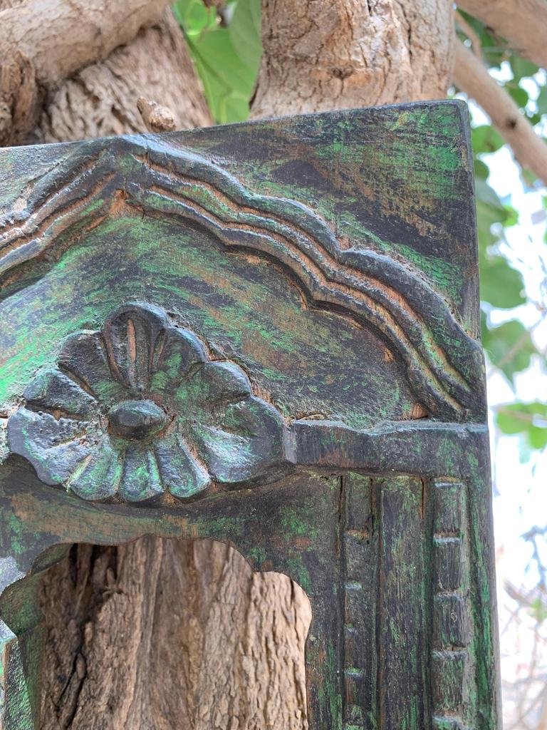 Rustic Green Jharokha Wall Decor: Carved Wooden Window Frame