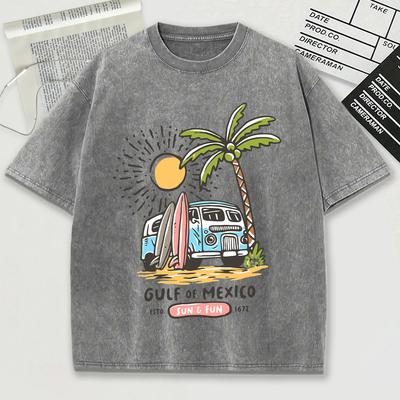 Golf von Mexiko Estd Sun Fun Print Gewaschenes Herren T-Shirt Sommer Retro Baumwoll T-Shirts Snow Wash Tee Lockerer O-Ausschnitt Streetwear