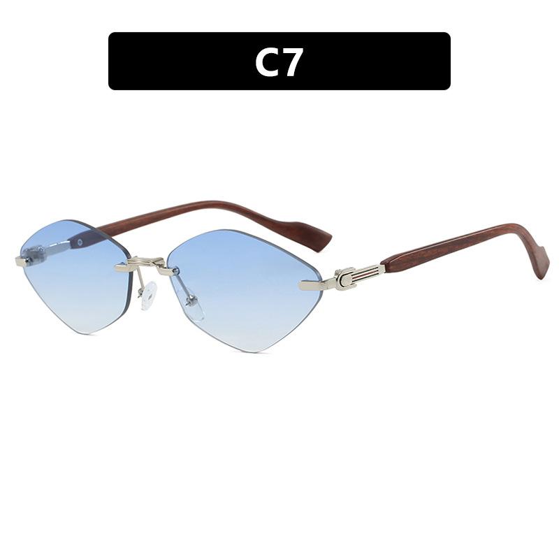 European and American rhombus frameless trimmed sunglasses metal sunglasses wood grain fashion sunscreen UV protection sunglasses women
