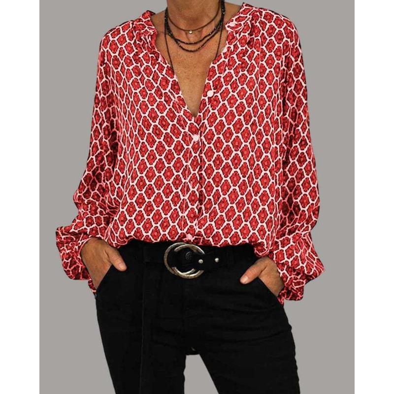 

Женская весенняя футболка с V-образным вырезом и длинным рукавом, модная элегантная футболка с принтом XXXL красный