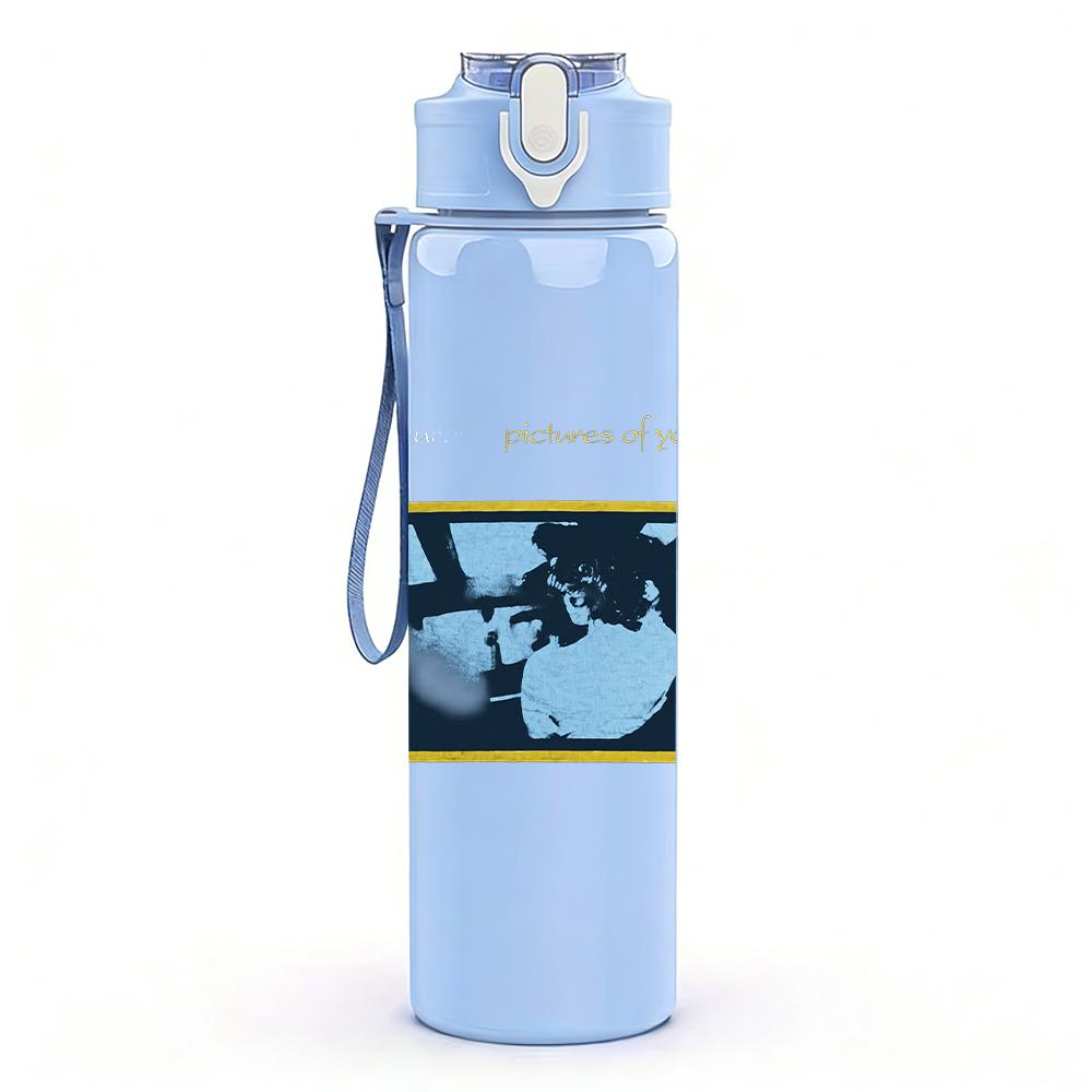 1PC Blue rectangular band album cover print 750ml colorful plastic sports water bottle leakproof pop up lid with straw for outdoor work home use