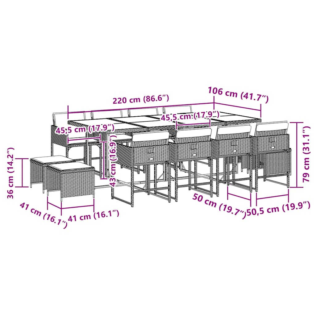 13-Cz. Garden Furniture Set With Cushions, Grey Rattan Pe