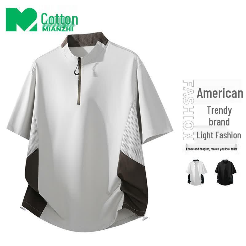 Men s Patchwork Stand-Collar Short-Sleeve T-Shirt XL