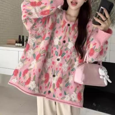 Autumn and Winter New Flocked Three-dimensional Flower Pink Sweater Jacket Women's Lazy Style Niche Retro Soft Waxy Knitted Cardigan